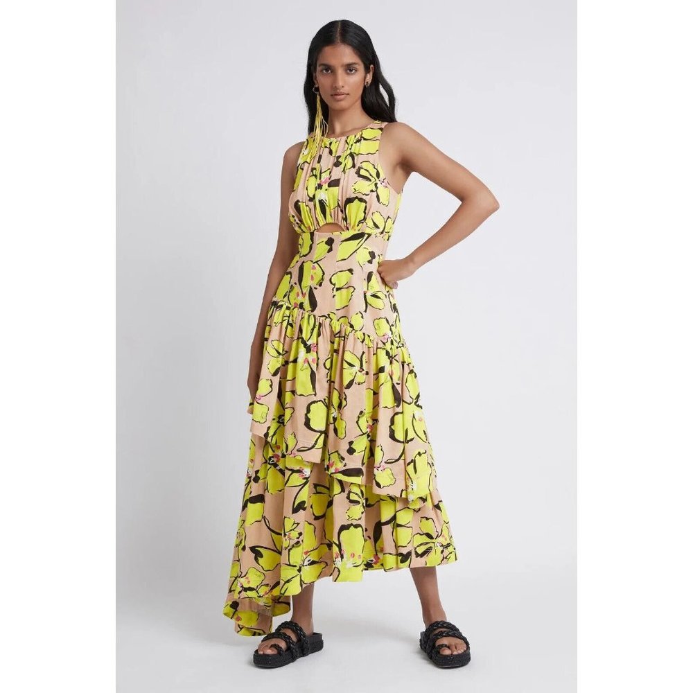 NWT Aje Pelicano Citrus Bloom Asymmetric Tiered Dress - Size AU 6 / US 2 - Picture 1 of 16